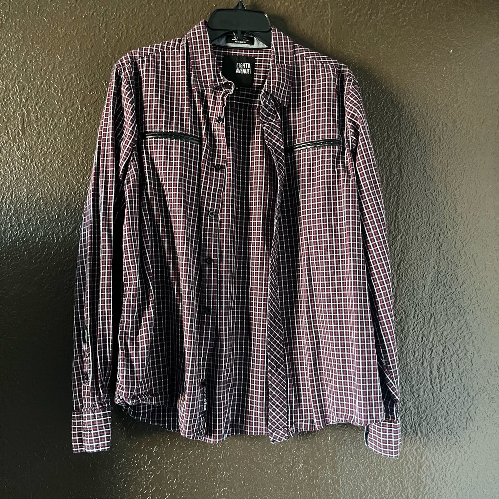 Red, Blue, & White Plaid Long Sleeve, Pockets on Chest, Size Medium